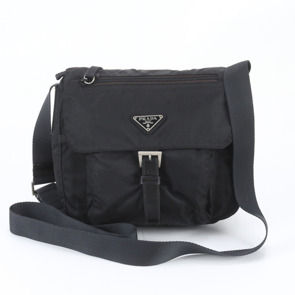Prada Tessuto Nylon Triangle Logo Leather Shoulder Bag, Black, Women's
